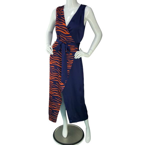 Never Fully Dressed Dress Womens Small Medium Blue Orange Wrap Tie Animal Print - Picture 1 of 16